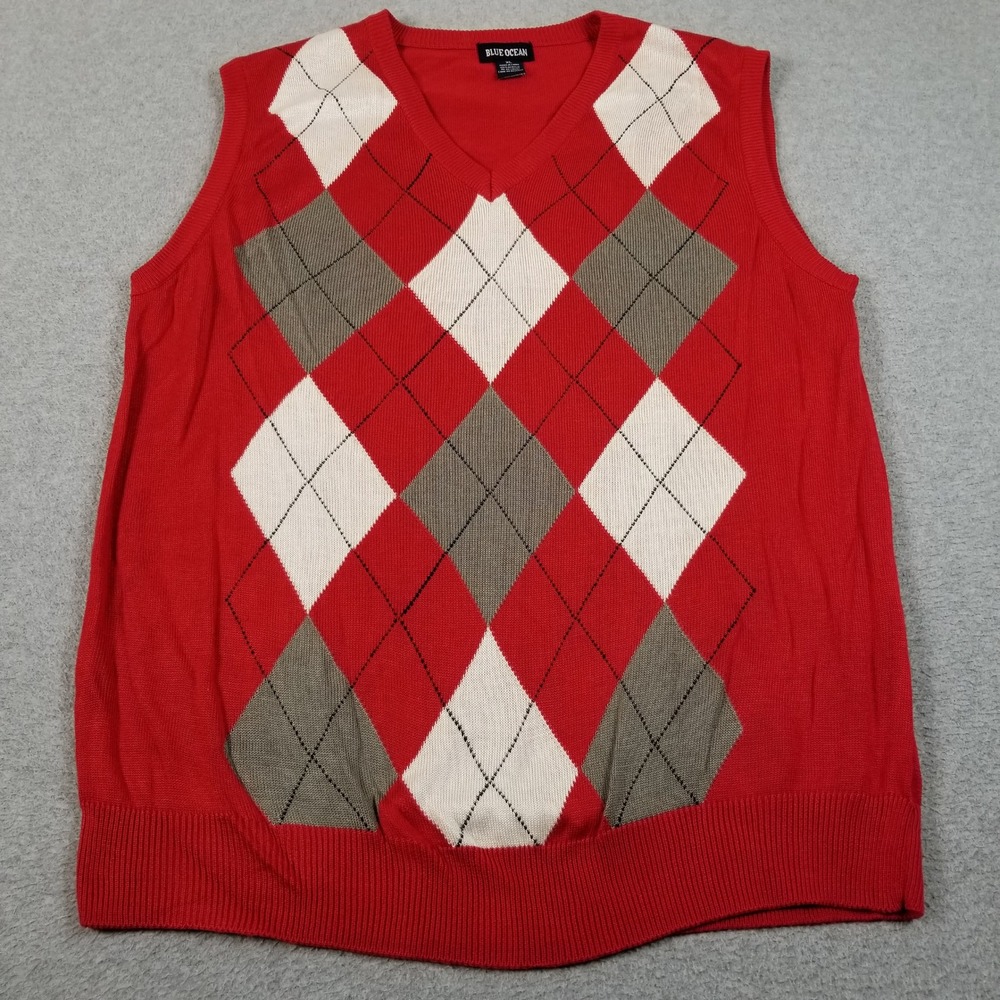 Blue Ocean Sweater Vest Mens XL Red Gray Argyle Preppy V-Neck Sleeveless Knit